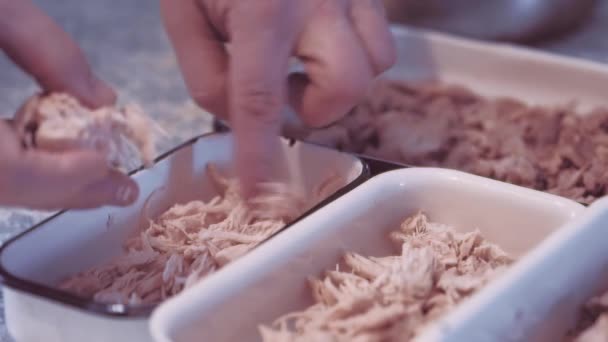 Könnyű húsdarabok kitölteni kövér húslevest. Szemközti nézet. — Stock videók