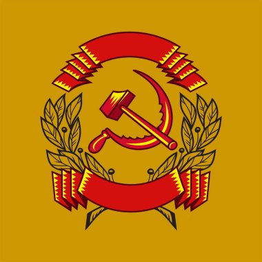 Çekiç ve orak kırmızı kurdele ve Defne dalı vektör illüstrasyon.