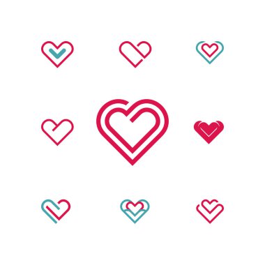 Beyaz arka plan üzerinde anahat stilize kalp. Dokuz vektör modeli kümesi.