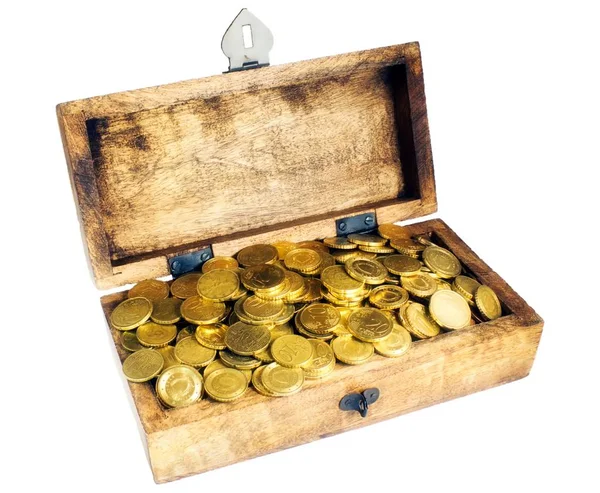 Wooden Box Treasure Chest Shiny Euro Cent Coins — Stock Photo, Image
