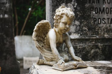 Statue of a cherub reading a book on the stone tablet of a tomb at a graveyard clipart