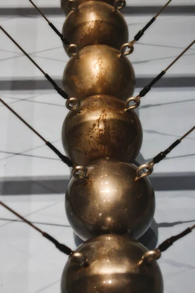 Close Newton Cradle Made Row Large Copper Balls — Stock Photo, Image