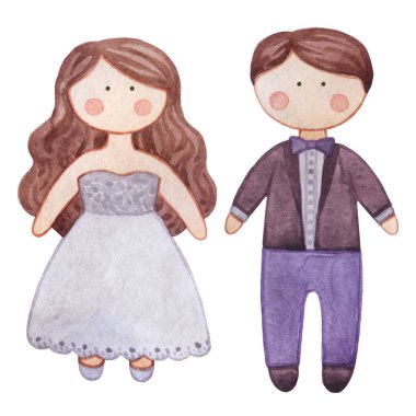 Suluboya bebek Tilda. Düğün bebeği. Damat ve gelin. Çizgi film kızları. Güzel prens ve prenses evlendi. El yapımı, bebek, iç kukla..