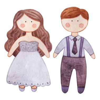 Suluboya bebek Tilda. Düğün bebeği. Damat ve gelin. Çizgi film kızları. Güzel prens ve prenses evlendi. El yapımı, bebek, iç kukla..