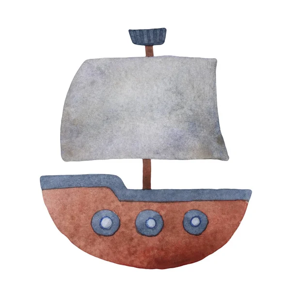 Pirates' ship. Vessel. Pirate theme. Adventure symbol. Drawings for the boy's room. Design for the decoration of children's parties. Watercolor drawing on a white background.