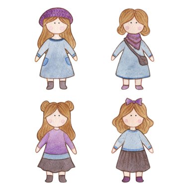 Orijinal suluboya bebek. Çizgi film kızlarıyla fotoğraf. Kitap, çıkartma, logo, kartvizit veya kartpostal için güzel bir illüstrasyon..