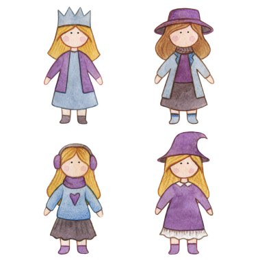 Orijinal suluboya bebek. Çizgi film kızlarıyla fotoğraf. Kitap, çıkartma, logo, kartvizit veya kartpostal için güzel bir illüstrasyon..