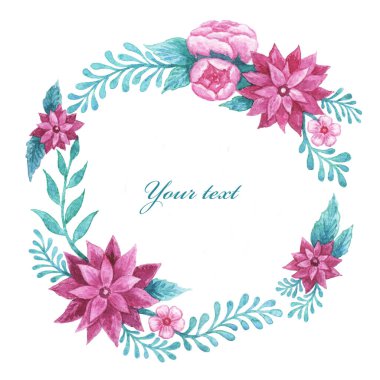 Suluboya çerçeve. Çiçekler ve yapraklar. Resimler, logolar, saat ve baskı masaları, el yazmaları, düğün, davetiyeler, kartlar, diskler, alıntılar için mükemmel.