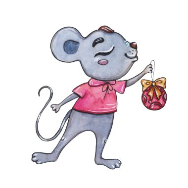 Beyaz arka planda örülmüş bir eşarpla suluboya Noel karikatür faresi.