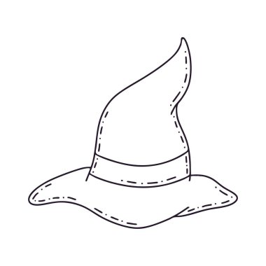 Cadı şapkası. Cadılar Bayramı için mistik vektör çizimi. Sonbahar bayramı için çizgi film tarzında güzel bir ikon..