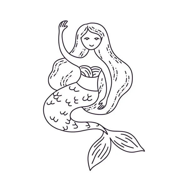 Linear Drawing Mermaid Mystical Vector Illustration Halloween Beautiful Icon Style — Stock Vector