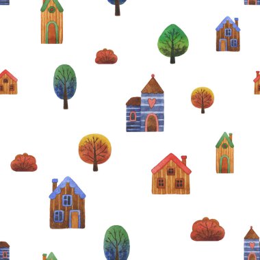 Ağaç ve evlerle suluboya desenli. Çizgi film el çizimi dokusu beyaz arkaplanda izole edilmiş. Suluboya desensiz evler, ağaçlar, şehir sokakları..