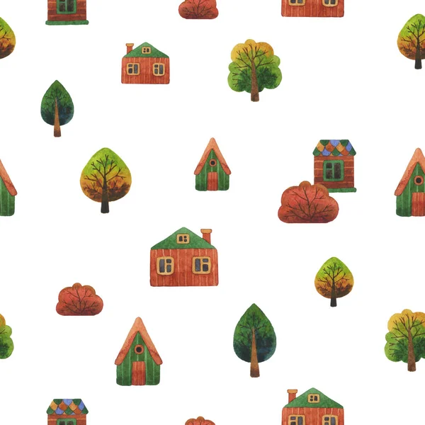 木や家と水彩シームレスパターン 白地に隔離された漫画の手描きの質感 水の色シームレスなパターン 街の通り — ストック写真
