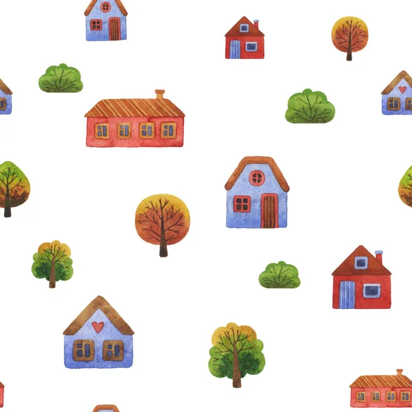 Watercolor seamless pattern with trees and houses. Cartoon hand drawn texture isolated on white background. Watercolor seamless pattern, houses, trees, city street.