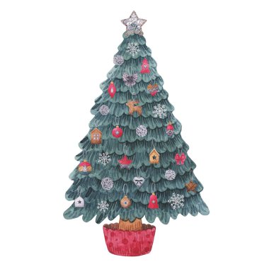 Oyuncak, zencefilli kek ve hediyeli suluboya Noel seti. Beyaz arka planda izole edilmiş yeni yıl illüstrasyonu. Noel Baba, zencefilli çörek, kardan adam, kalp, şeker, at.