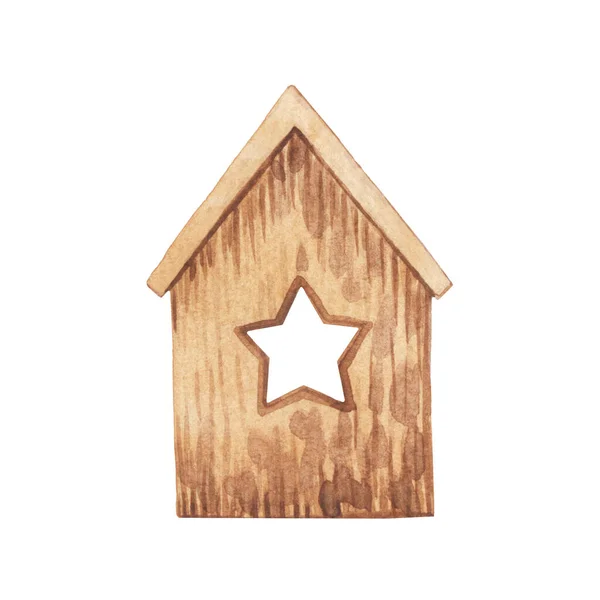 Toy wooden house. New Year\'s vintage toy for the Christmas tree. Christmas tree decorations.