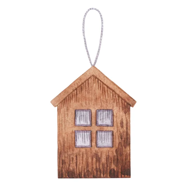 Toy wooden house. New Year\'s vintage toy for the Christmas tree. Christmas tree decorations.