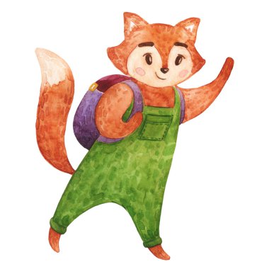 Çok hoş bir tilki. Tilki oturuyor. Beyaz arka planda şirin suluboya tilki çizgi filmi