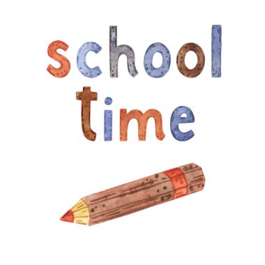 Okul zamanı, ders çalış. Ders kitapları, hesap makinesi, sayılar, kelimeler, elma, ders, okul, notlar, kalem, cetvel, silgi, kalem, sırt çantası, fırça, makas, kalem, kalem, kitap, makas, makas, resim kitabı Watercolor sözcükleri iyi illüstrasyon