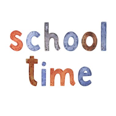 Okul zamanı, ders çalış. Ders kitapları, hesap makinesi, sayılar, kelimeler, elma, ders, okul, notlar, kalem, cetvel, silgi, kalem, sırt çantası, fırça, makas, kalem, kalem, kitap, makas, makas, resim kitabı Watercolor sözcükleri iyi illüstrasyon