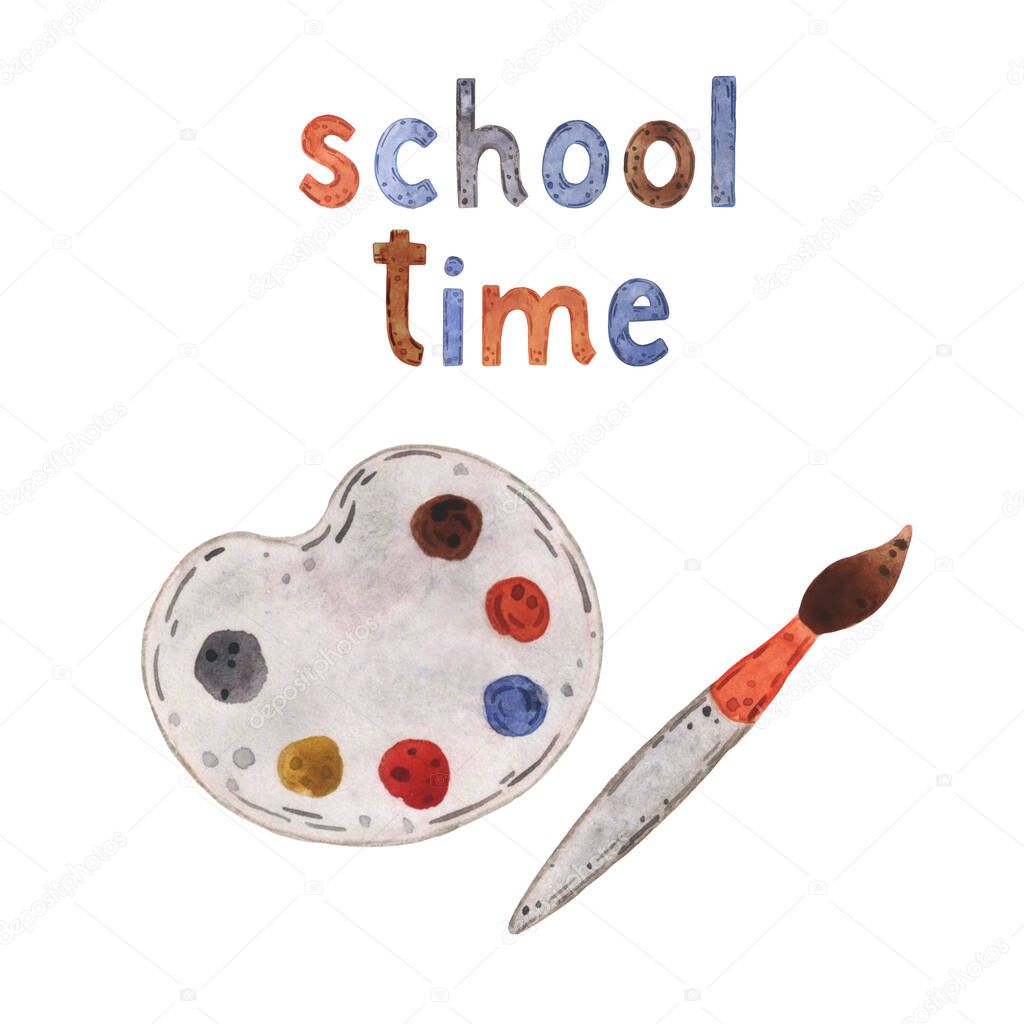 School time, study. Textbooks, calculator, numbers, words, apple, lessons, school, grades, pencil, ruler, eraser, pen, backpack, brush, scissors monitor pencil case textbook copybook scissors monitor paints copybook Watercolor words Good illustration