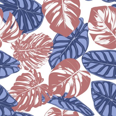 Tropik bitkiler ile Seamless egzotik modeli. Vektör arka plan el çizmek Monstera Palm ile bırakır. Parlak Rapport kumaş, tekstil tasarımı için. Orman bitki örtüsü. Alocasia ile Dikişsiz tropikal desen.