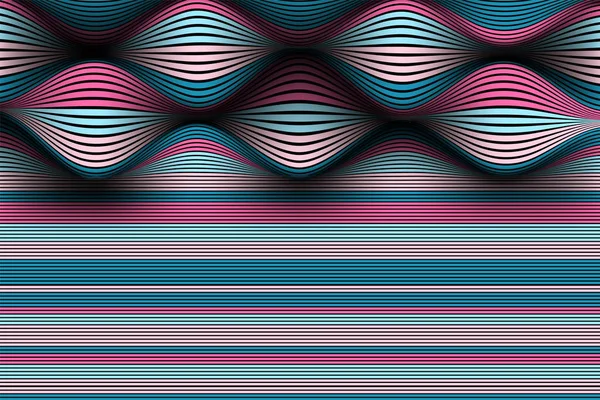 Antecedentes abstratos na moda. Papel de parede vetorial com efeito de volume e movimento. Superfície colorida distorcida. Linhas onduladas e malha de gradiente. Ilustração Futurista 3D com Distorção de Linhas. Vazão . — Vetor de Stock