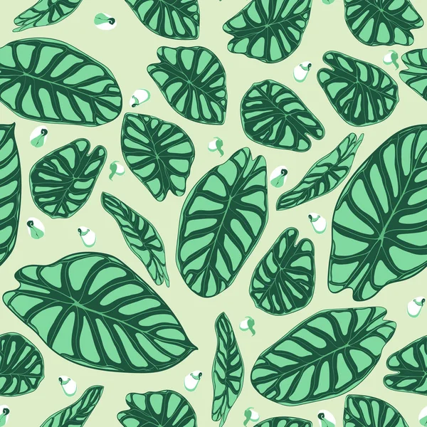 Seamless Tropical Pattern. Trendy Background with Rain Forest Plants. Vector Leaf of Alocasia. Green Araceae. Handwritten Jungle Foliage in Watercolor Style. Seamless Exotic Pattern for Tile, Fabric. — Stock Vector