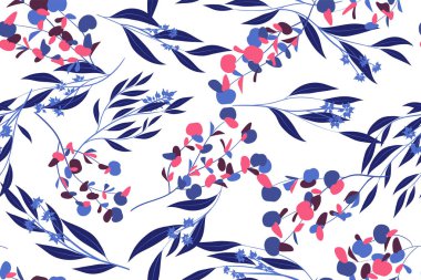 Dikişsiz yaz desen suluboya tarzında. Vektör Okaliptüs yaprakları. Güzel şube ve çiçek öğeleri. Tropik bitkiler. Botanik arka plan. Yaz desen düğün tasarım, baskı, tekstil.