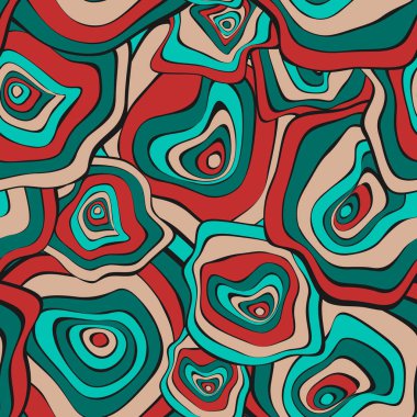 Elle çizilmiş dalgalı daireler. Etnik tarzda arka plan sorunsuz. Vektör deforme mermi ile Psychedelic desen. Dalga Dikişsiz desen kumaş, tekstil, kumaş tasarımı için. Bozulma, noktalar.