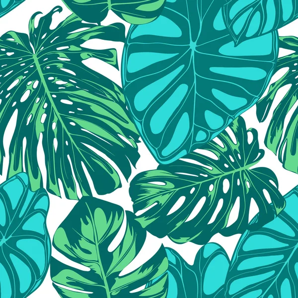 원활한 벡터 열 대 패턴입니다. Monstera 팜 잎과 Alocasia입니다. 수채화 효과와 정글 단풍입니다. 이국적인 하와이 섬유 디자인입니다. 완벽 한 열 대 배경, 직물, 종이, 인쇄 — 스톡 벡터