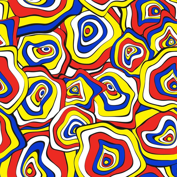 Hand getrokken golvende cirkels. Abstracte naadloze achtergrond in etnische stijl. Vector psychedelische patroon met misvormde rondes. Naadloze golfpatroon voor stof, textiel, doek ontwerp. Vervorming, Spots. — Stockvector