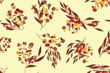 Okaliptüs yaprakları ile sonbahar Seamless modeli. Yeşillik doğal dalları. Dekoratif arka planda Vintage tarzı. Kumaş, tekstil, ambalaj kağıdı, bez, elbise, sorunsuz okaliptüs Desenini Yazdır.