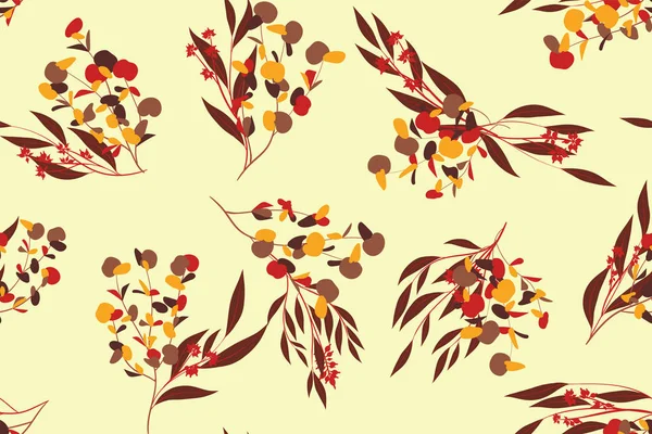 Patrón sin costura de otoño con hojas de eucalipto. Follaje Ramas Naturales. Fondo decorativo en estilo vintage. Patrón de eucalipto sin costura para tela, textil, papel de envolver, tela, vestido, impresión . — Vector de stock