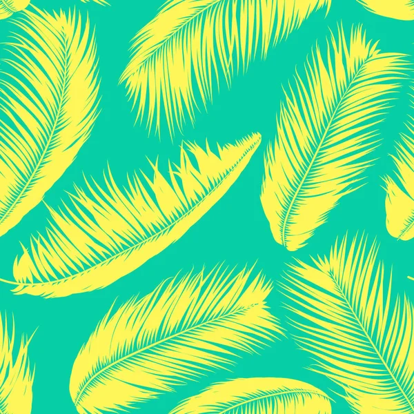 Векторные перья. Тропический бесшовный узор с экзотическими растениями джунглей. Кокосовый лист дерева. Просто летний фон. Иллюстрация EPS 10. Силуэты векторных перьев или гавайские листья пальмы . — стоковый вектор