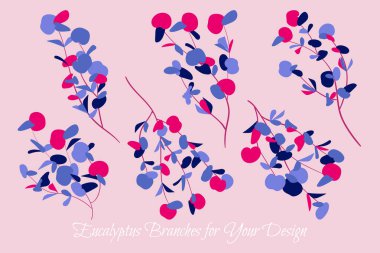 Okaliptüs vektör. Dekoratif vektör yaprak ve dal. Zarif yeşillik. Düğün tasarım için güzel çiçek öğe. Tropik bitkiler. Okaliptüs vektör kartı, davet, model, baskı, çelenk için.
