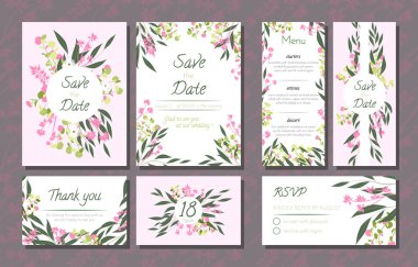 Floral Wedding Invitation with Vector Eucalyptus Leaves, Forest Herbs, Elegant Decorative Flowers. Vintage Invite, Menu, Rsvp, Thank You Label. Save the Date Card. Wedding Invitation in Pastel Colors. clipart
