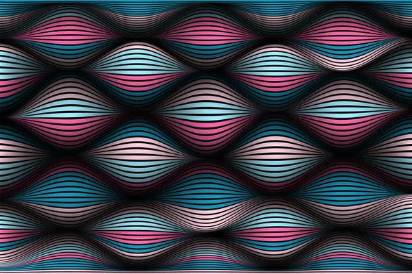 Trendy Sfondo astratto. Carta da parati vettoriale con effetto di volume e movimento. Superficie colorata distorta. Linee ondulate e maglia a gradiente. Illustrazione 3D futuristica con distorsione delle linee. Flusso . — Vettoriale Stock