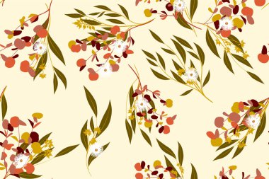 Tropikal Seamless modeli. Vektör Okaliptüs yaprakları ve güzel çiçek öğeleri. Botanik yaz arka plan. Zarif tropikal Seamless modeli düğün tasarım, baskı, tekstil, kumaş, ambalaj için.