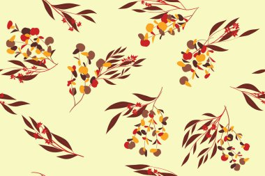 Okaliptüs yaprakları ile sonbahar Seamless modeli. Yeşillik doğal dalları. Dekoratif arka planda Vintage tarzı. Kumaş, tekstil, ambalaj kağıdı, bez, elbise, sorunsuz okaliptüs Desenini Yazdır.