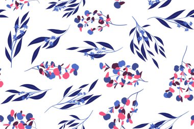 Dikişsiz yaz desen suluboya tarzında. Vektör Okaliptüs yaprakları. Güzel şube ve çiçek öğeleri. Tropik bitkiler. Botanik arka plan. Yaz desen düğün tasarım, baskı, tekstil.