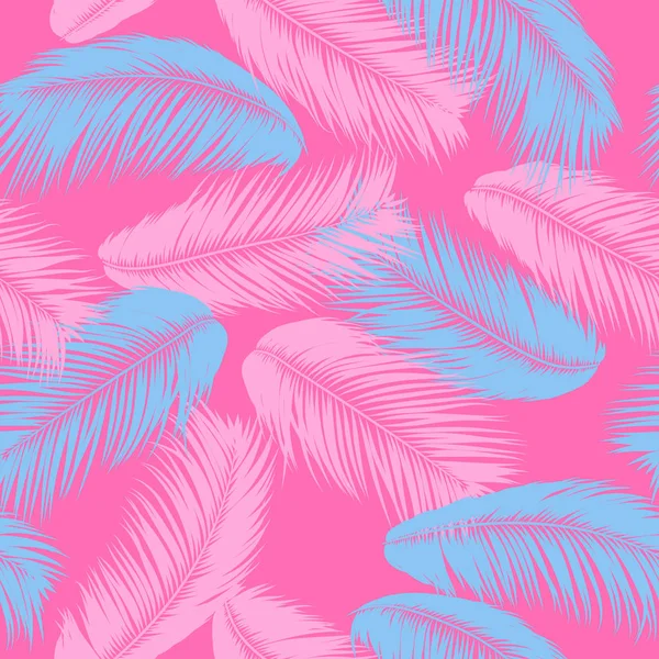 Feathers Seamless Pattern. Tropical Background. Jungle Foliage in Pastel Color Design. Abstract Exotic Wallpaper with Palm Leaves. Pink Feathers for Design, Cloth, Fabric, Textile. EPS10 Vector. — Stock Vector