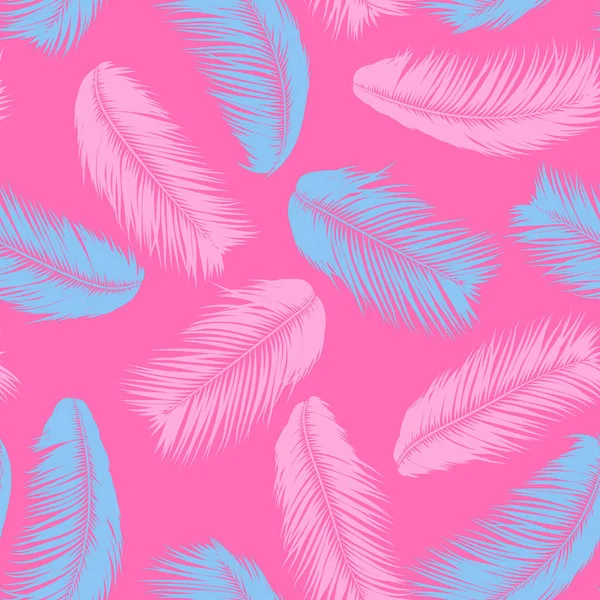 깃털 완벽 한 패턴입니다. 열 대의 배경입니다. 파스텔 컬러 디자인 정글 단풍입니다. 손바닥으로 추상 이국적인 벽지 나뭇잎. 디자인, 옷감, 직물, 섬유에 대 한의 분홍색 깃털 Eps10 벡터. — 스톡 벡터