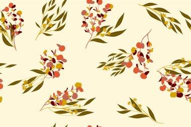 Tropikal Seamless modeli. Vektör Okaliptüs yaprakları ve güzel çiçek öğeleri. Botanik yaz arka plan. Zarif tropikal Seamless modeli düğün tasarım, baskı, tekstil, kumaş, ambalaj için.