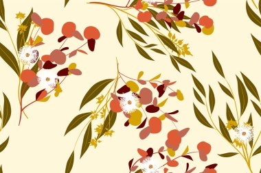 Tropikal Seamless modeli. Vektör Okaliptüs yaprakları ve güzel çiçek öğeleri. Botanik yaz arka plan. Zarif tropikal Seamless modeli düğün tasarım, baskı, tekstil, kumaş, ambalaj için.