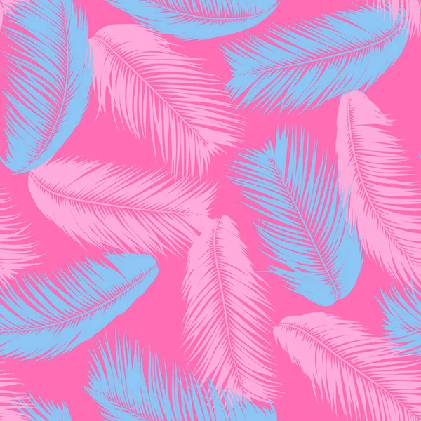 Vzor bezešvé peří. Tropických pozadí. Zarostlé džunglí v designu pastelových barev. Abstraktní exotické tapety s Palm listy. Pink peří pro Design, tkaniny, textilie, textilní. Eps10 vektor. — Stockový vektor