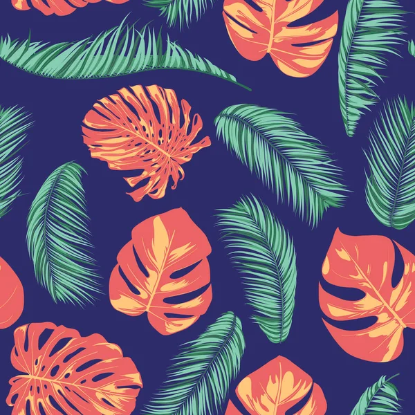 Egzotikus nyári virágos trópusi tenyér, filodendron levél. Dzsungel levél Seamless Pattern. A növények botanikai háttér. Eps10 vektor. Nyári trópusi tenyér tapéta, nyomtatás, szövet, csempe, tapéta, ruha — Stock Vector