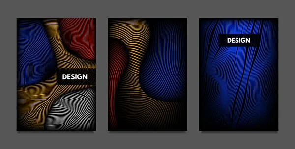 Verstoring van de lijnen. Abstracte achtergronden met levendige kleurovergang en golvende strepen. Futuristische Cover Sjablonen Set met Volume en Metallic Effect. Vervormde Shapes voor bedrijfspresentatie, Brochure. — Stockvector