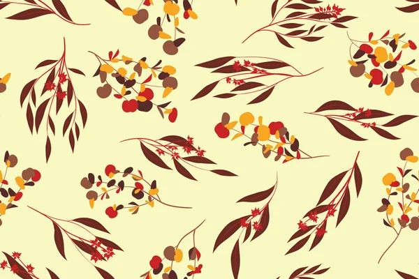 Modèle sans couture d'automne avec feuilles d'eucalyptus. Feuillage Branches naturelles. Arrière-plan décoratif en style vintage. Modèle d'eucalyptus sans couture pour tissu, textile, papier d'emballage, tissu, robe, impression . — Image vectorielle