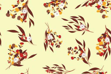 Okaliptüs yaprakları ile sonbahar Seamless modeli. Yeşillik doğal dalları. Dekoratif arka planda Vintage tarzı. Kumaş, tekstil, ambalaj kağıdı, bez, elbise, sorunsuz okaliptüs Desenini Yazdır.